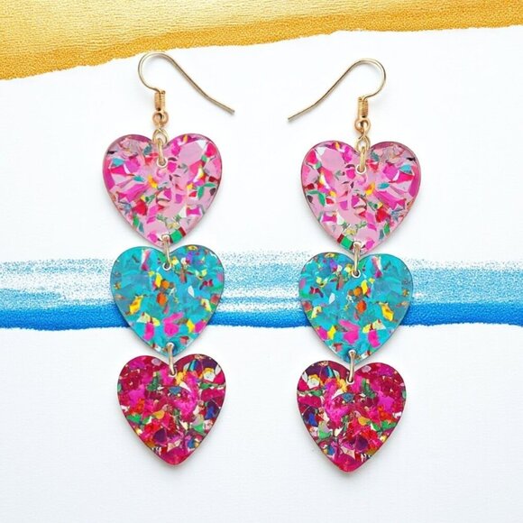 🆕 Colorful Triple Heart Dangle Earrings | Sequin Acrylic Statement 🩷💙 - Picture 1 of 10